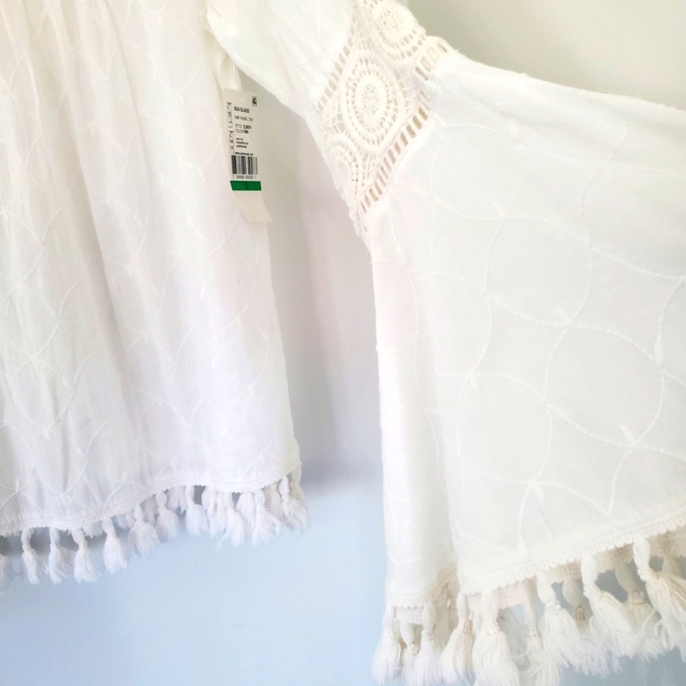 NWT KAREN KANE L White Embroidered Tassel Top Cotton Bell Sleeve Boho Coastal - Picture 6 of 14